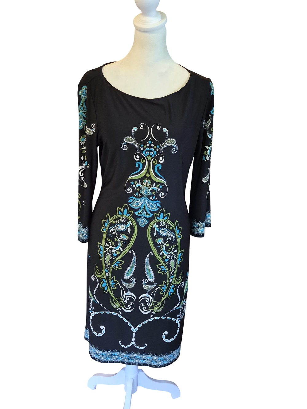 London Style Black Paisley-Print Midi Dress with Blue & Green Accents